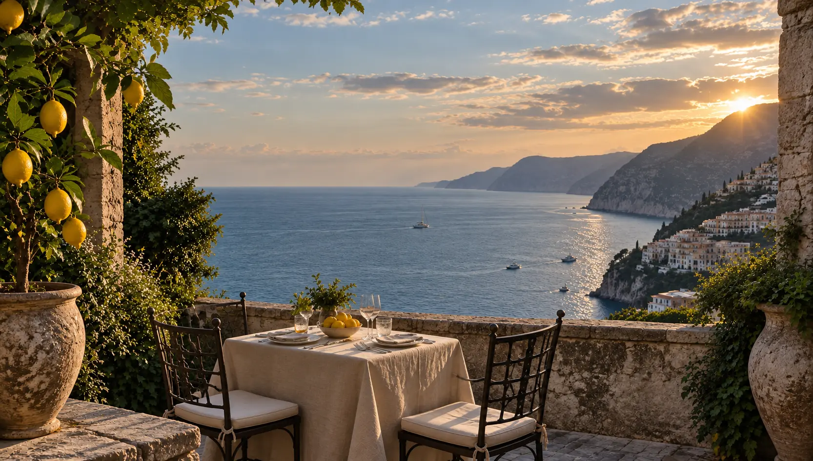Private terrace overlooking the Amalfi Coast at sunset